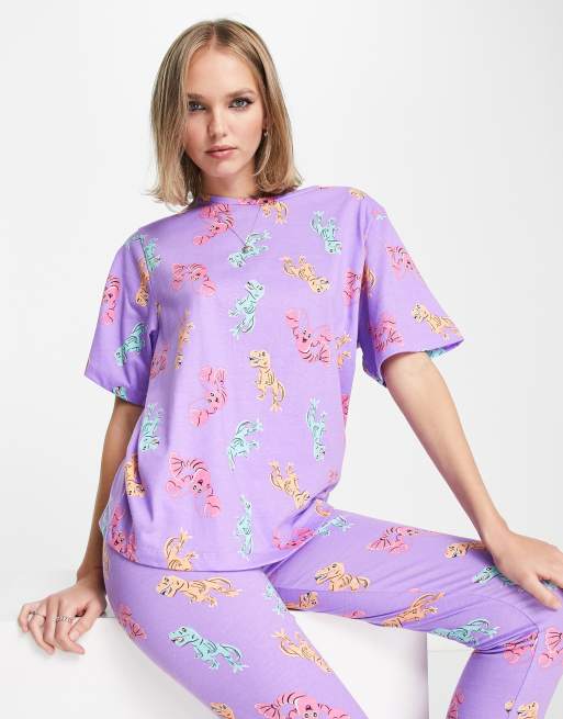 ASOS DESIGN Petite dino & lobster oversized tee & legging pajama set in  purple