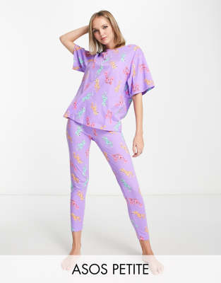 ASOS DESIGN Petite dino & lobster oversized tee & legging pyjama set in purple