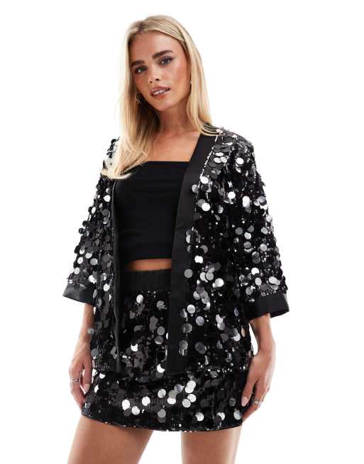 ASOS DESIGN Petite Disco Kimono in Schwarz mit Pailletten