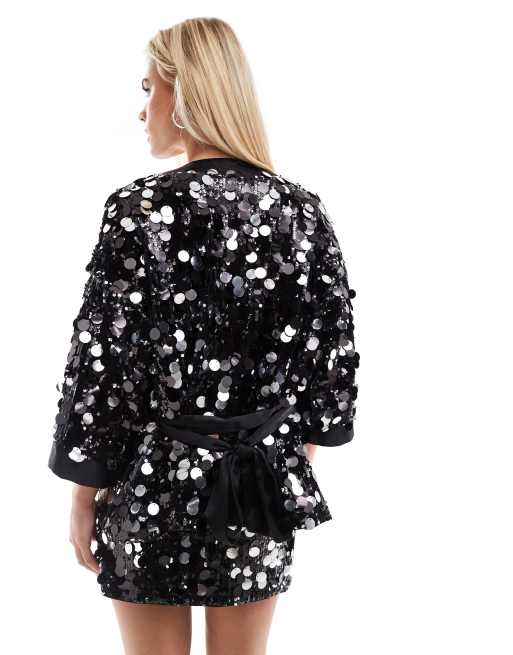 ASOS Design Petite Disco Sequin Kimono in Black