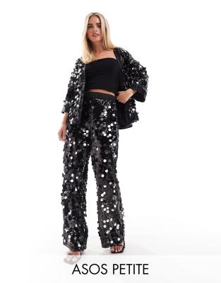 Petite disco sequin tailored pants in black