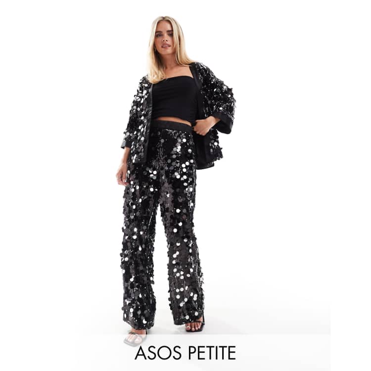 ASOS DESIGN Petite disco sequin tailored pants in black ASOS