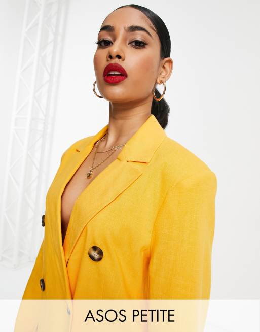 77 ASOS DESIGN Petite - Dobbeltradet jakkesæt i citrongult hør, 3 af 3