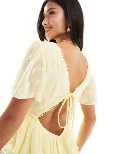 ASOS DESIGN Petite dobby asymmetric ruffle midi dress with tie back neck in yellow, 3 of 4