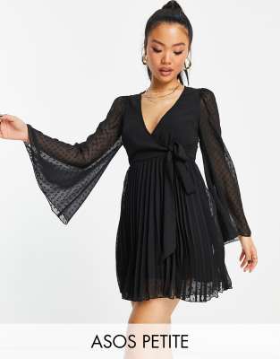 ASOS DESIGN Petite dobby pleated wrap mini dress in black