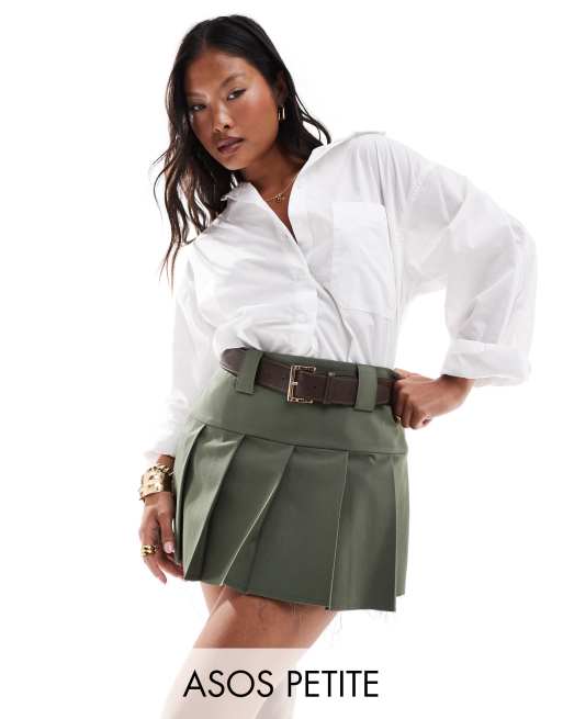 ASOS DESIGN Petite – Dopasowana spódnica mini w kolorze khaki z paskiem i widoczną podszewką