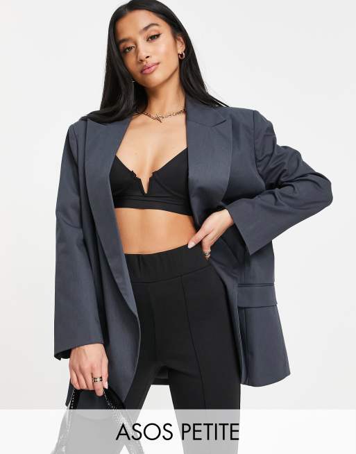 ASOS DESIGN Petite - Double breasted dad blazer met lage knopen in grijs