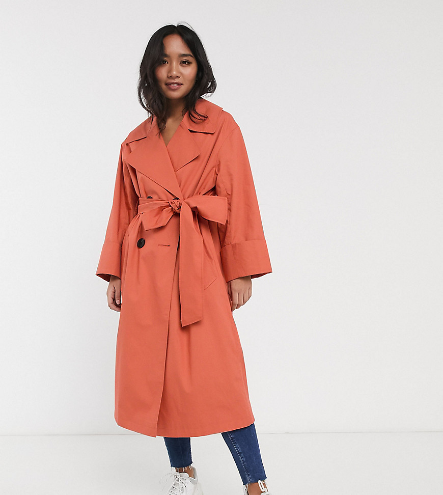 ASOS DESIGN Petite double breasted lightweight trench in teracotta-Pink