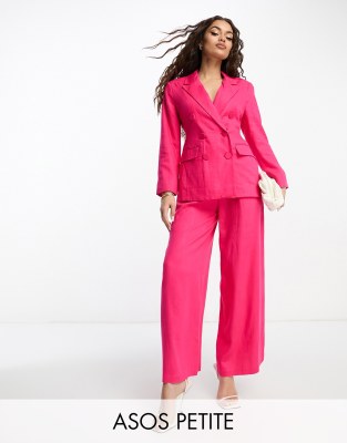 ASOS DESIGN Petite double breasted linen mix suit blazer in hot pink