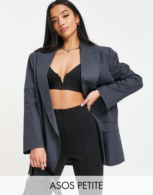 ASOS DESIGN Petite double breasted low break dad blazer in gray