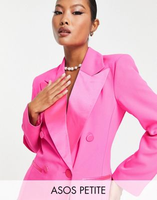 ASOS DESIGN Petite double breasted tux suit blazer in bright pink
