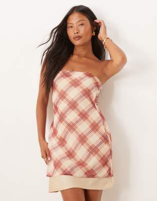 ASOS Petite ASOS DESIGN Petite double layer bandeau mini dress in pink check-Multi