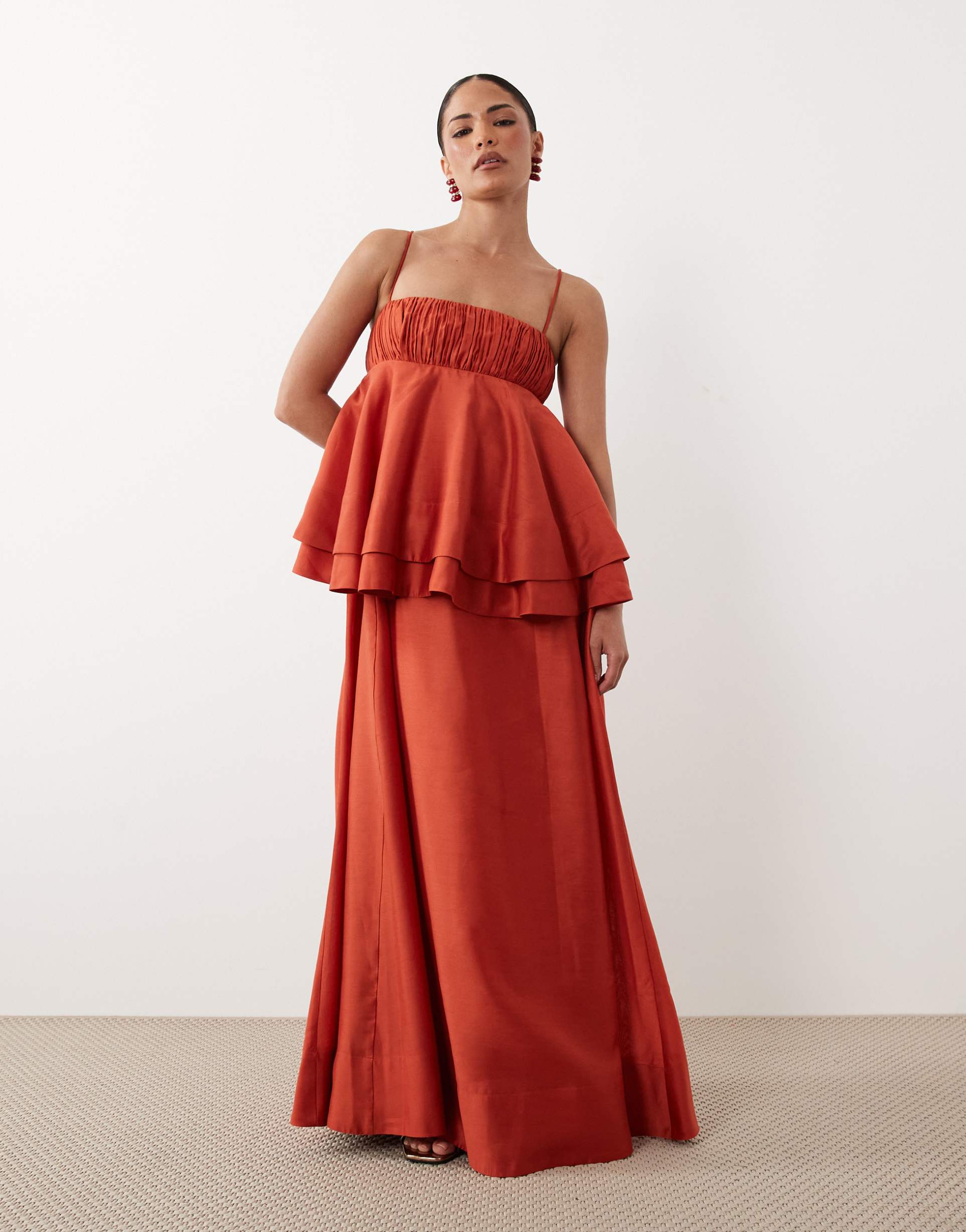 asos design petite double layer maxi dress in rust