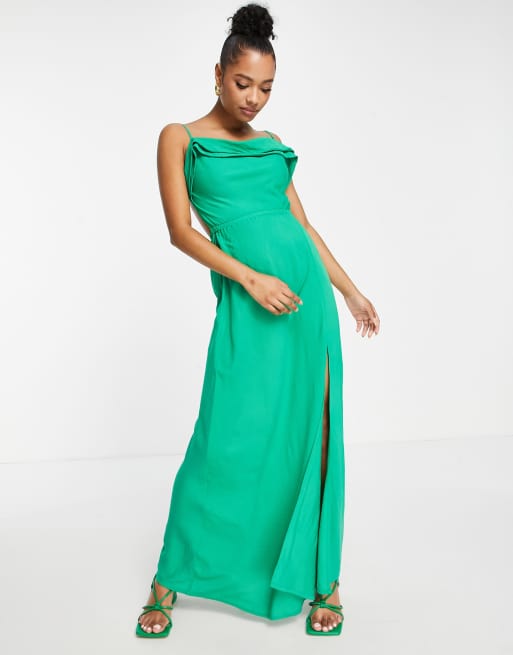 ASOS DESIGN Petite drape detail low back beach maxi beach dress in emerald