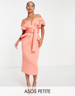 Asos Petite Asos Design Petite Drape Shoulder Belted Midi Dress In Pink