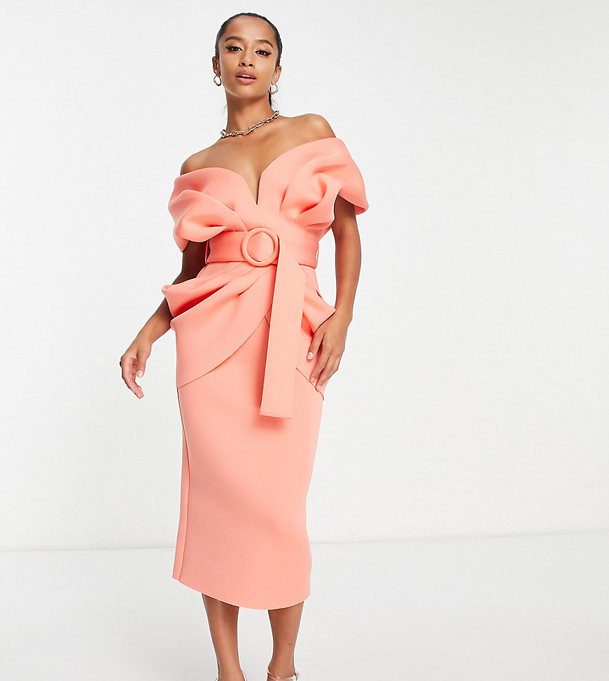 ASOS DESIGN Petite drape shoulder belted midi dress in pink