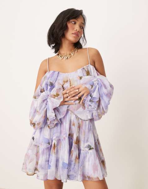 ASOS DESIGN Petite draped off shoulder tiered mini dress with lace inserts in blurred abstract - view 1