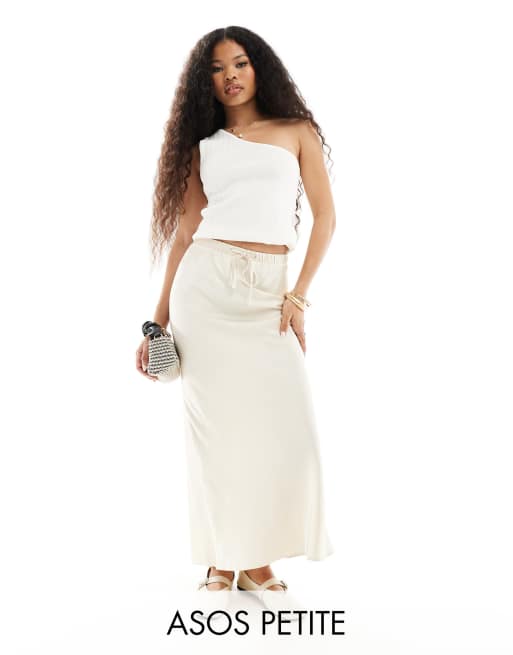 ASOS DESIGN Petite drawstring satin bias cut midi skirt in cream ASOS