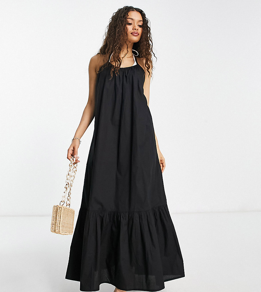 Asos Petite Asos Design Petite Drop Hem Cami Maxi Beach Dress In Black