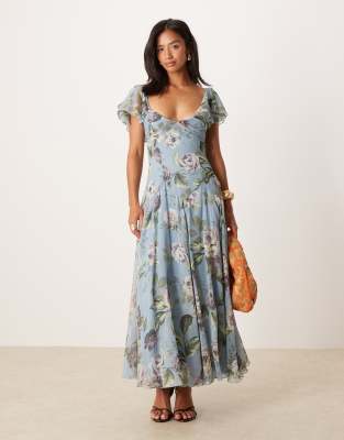 ASOS DESIGN Petite dropped waist full skirt midi dress in blue vintage floral print-Multi
