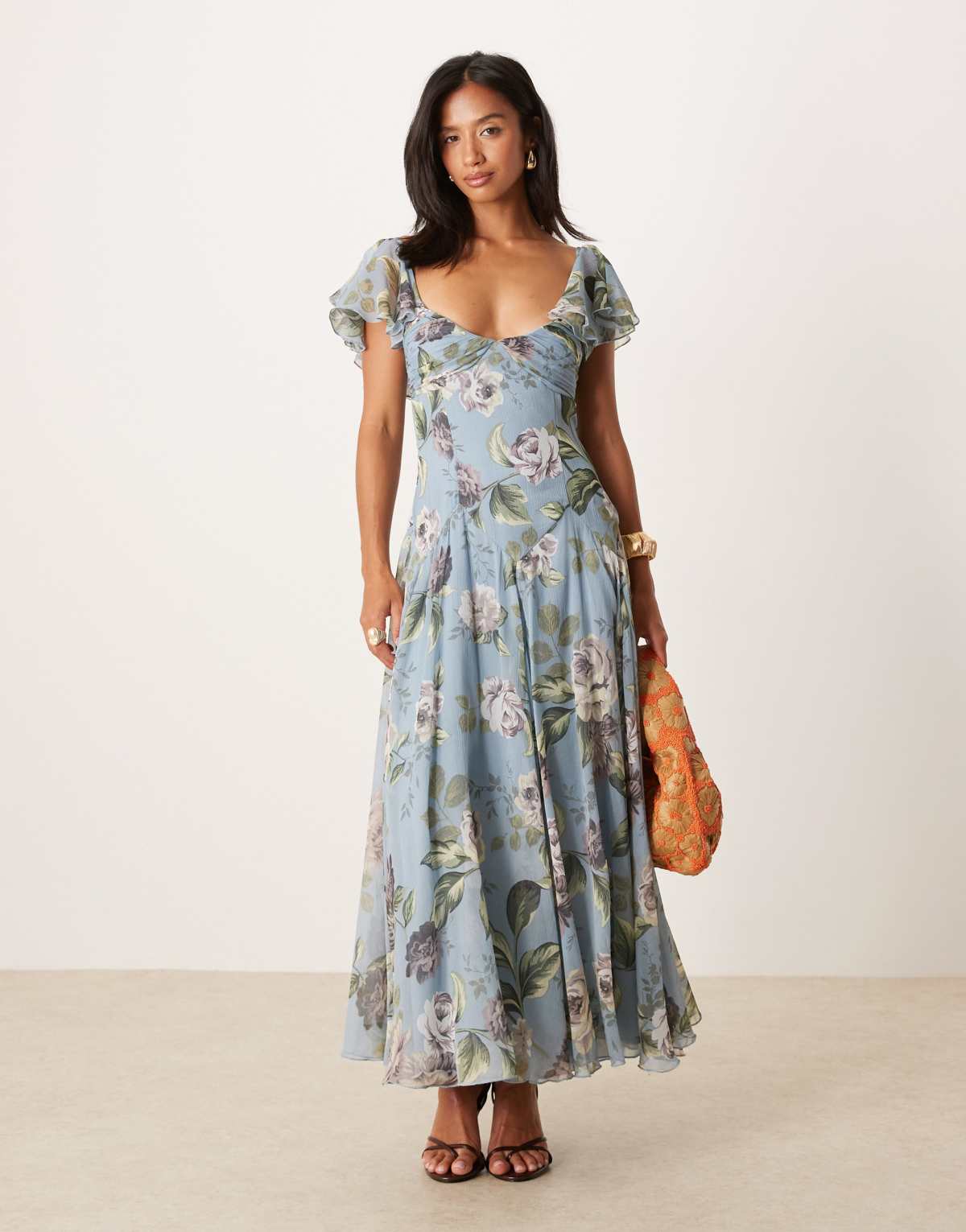 ASOS DESIGN Petite dropped waist full skirt midi dress in blue vintage floral print