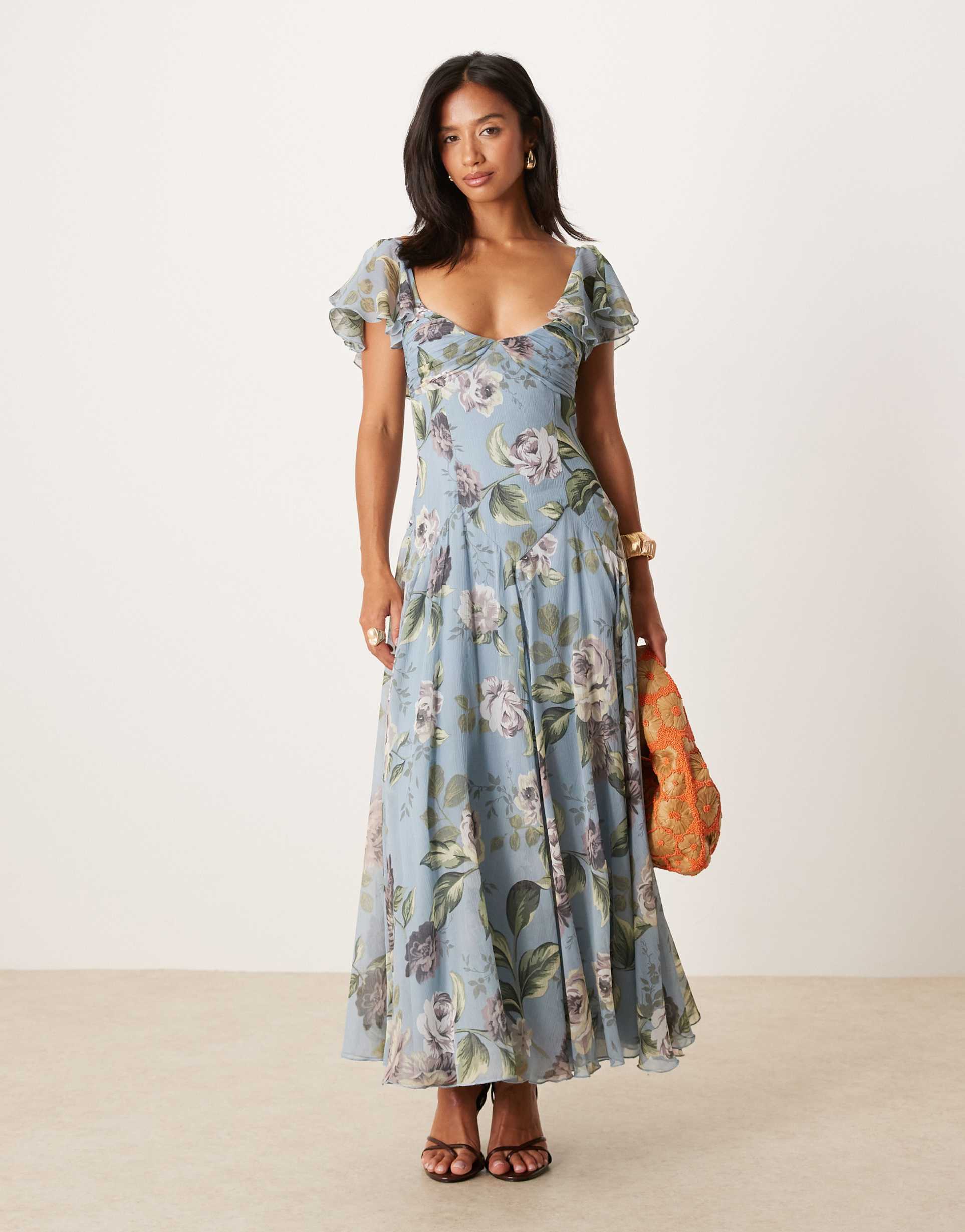asos design petite dropped waist full skirt midi dress in blue vintage floral print