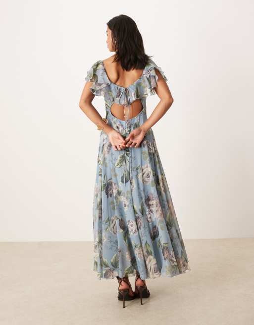 ASOS DESIGN Petite dropped waist full skirt midi dress in blue vintage  floral print | ASOS
