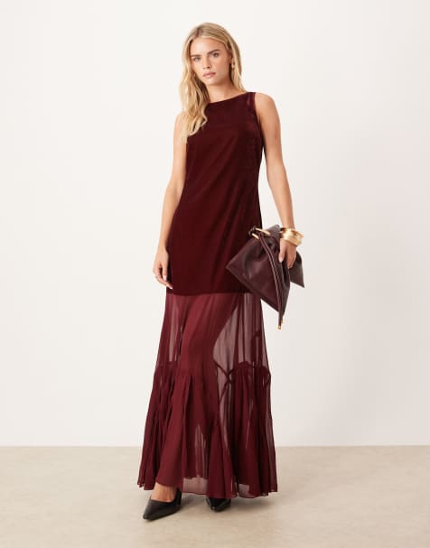ASOS DESIGN Petite dropped waist velvet maxi dress with sheer godet skirt in burgundy - view 1