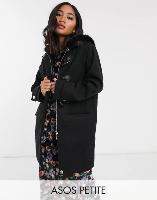 ASOS DESIGN Petite duffle coat with faux fur trim in black | ASOS