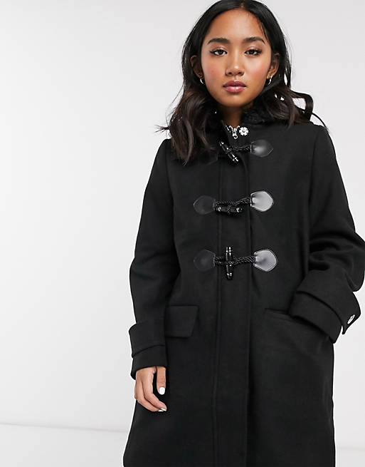Asos Design Petite Duffle Coat With, Miss Selfridge Faux Fur Trim Duffle Coat In Black