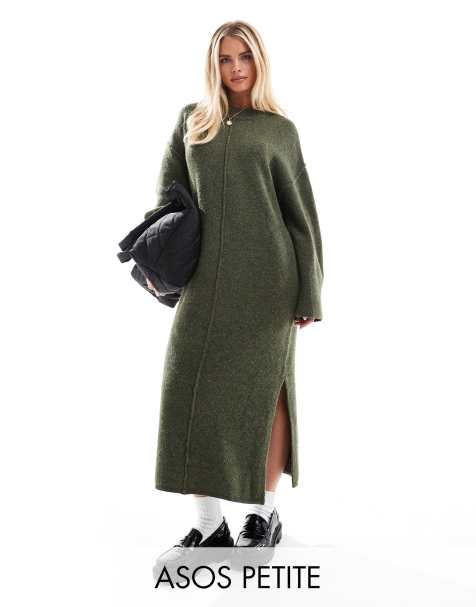 ASOS DESIGN Petite – Dzianinowa sukienka midaxi z ozdobnym szwem z przodu w kolorze khaki - view 1