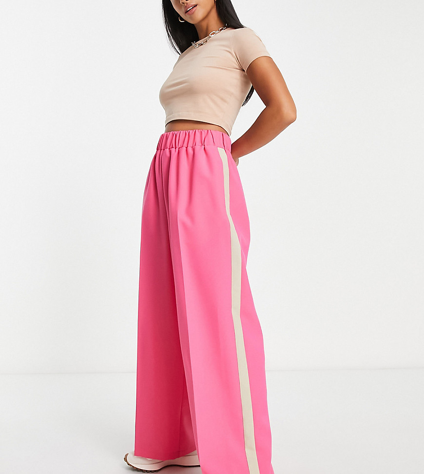 Asos Petite Asos Design Petite Elastic Waist Side Stripe Pants In Pink With Stone Stripe