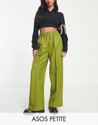 ASOS DESIGN Petite elastic waist tailored pants in khaki green