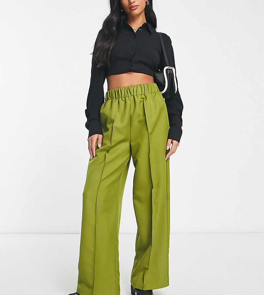 ASOS DESIGN Petite elastic waist tailored trouser in khaki green