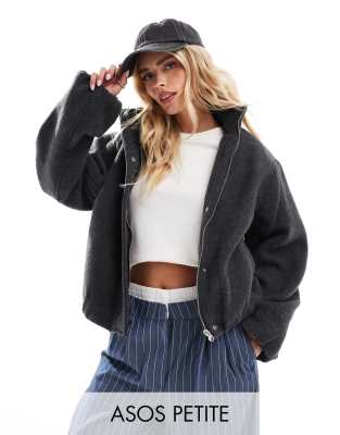 ASOS DESIGN Petite - Elegante, angeraute Bomberjacke in dunklem Anthrazit mit Stehkragen-Grau