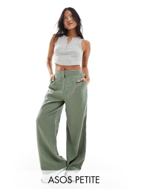 ASOS DESIGN Petite - Elegante broek van linnenmix met wijde pijpen, hoge taille en siernaden in kaki