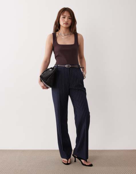 ASOS DESIGN Petite – Elegante Slim-Fit-Hose in Marineblau gestreift mit geradem Schnitt - view 1