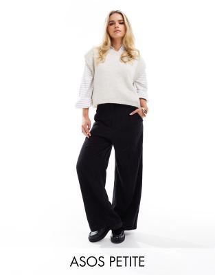 ASOS DESIGN Petite - Elegante, weit geschnittene Hose in Schwarz mit hohem Bund, Ziernaht und Leinenanteil