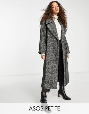 ASOS DESIGN Petite - Eleganter Mantel mit Bindegürtel und Fischgrätmuster in Schwarz und Weiß-Bunt