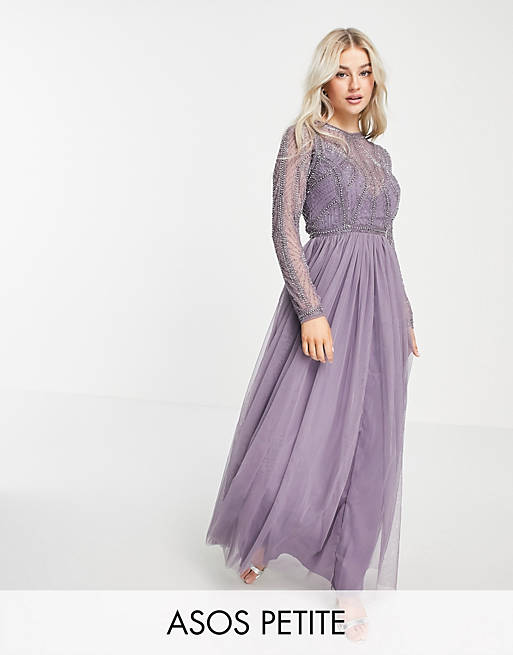 Women Petite embellished bodice maxi dress with tulle skirt in lilac 