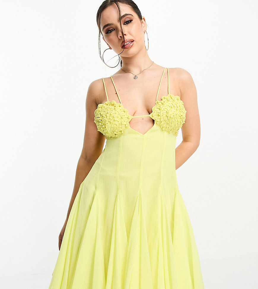 ASOS DESIGN Petite embellished crochet cut out mini skater dress with godet in yellow