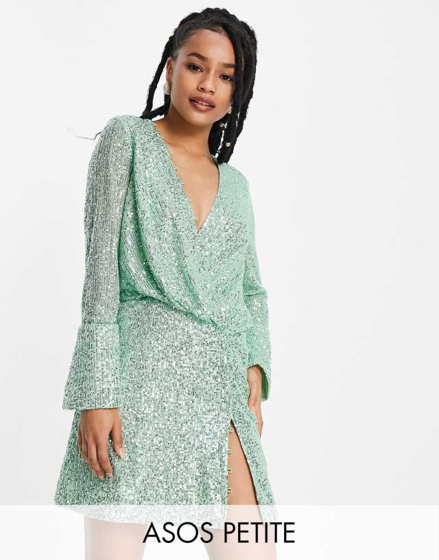 ASOS DESIGN Petite embellished drape detail mini dress with button detail in sage