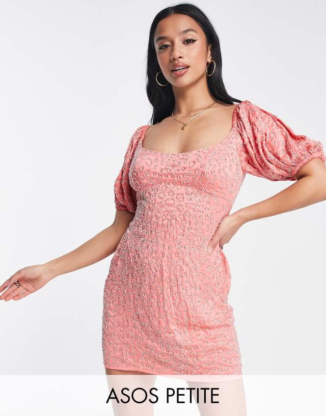 ASOS DESIGN Petite embellished sequin mini dress with puff sleeve detail in peach