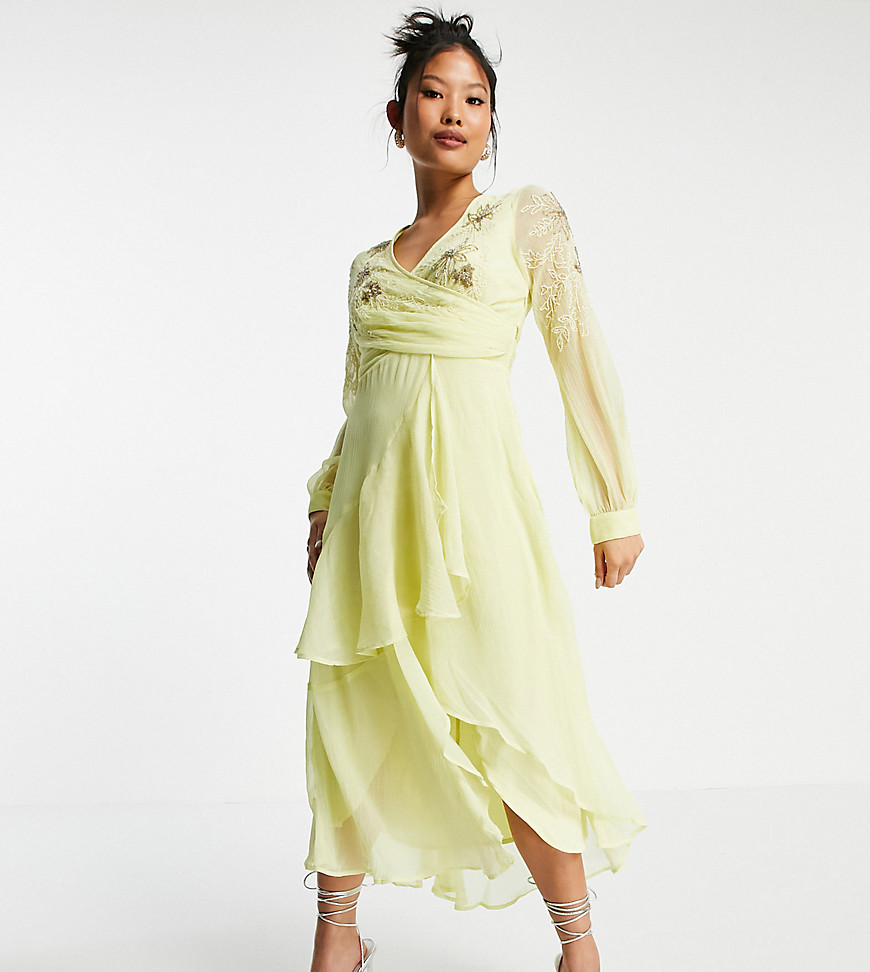 ASOS DESIGN Petite embellished wrap waist midi dress with double layer skirt & long sleeve in soft yellow-Blues