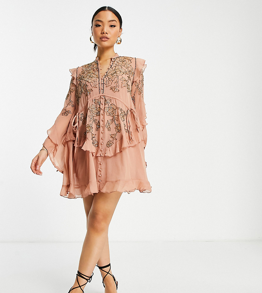 ASOS DESIGN Petite embelllished chiffon mini dress with stencil floral beading in olive-Pink