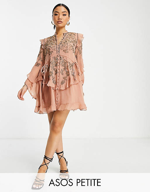  Petite embelllished chiffon mini dress with stencil floral beading in olive 