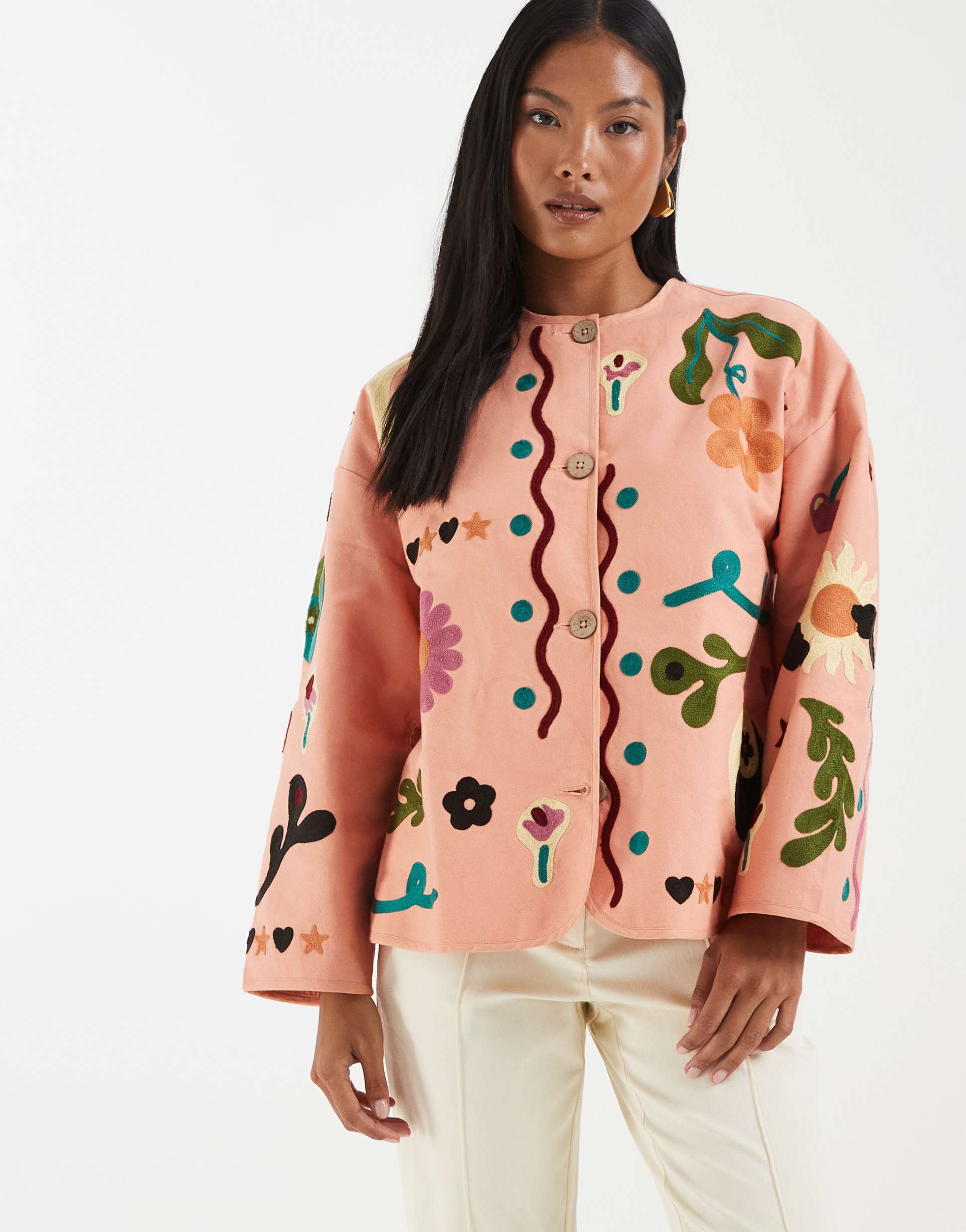 asos design petite embroidered collarless jacket in peach