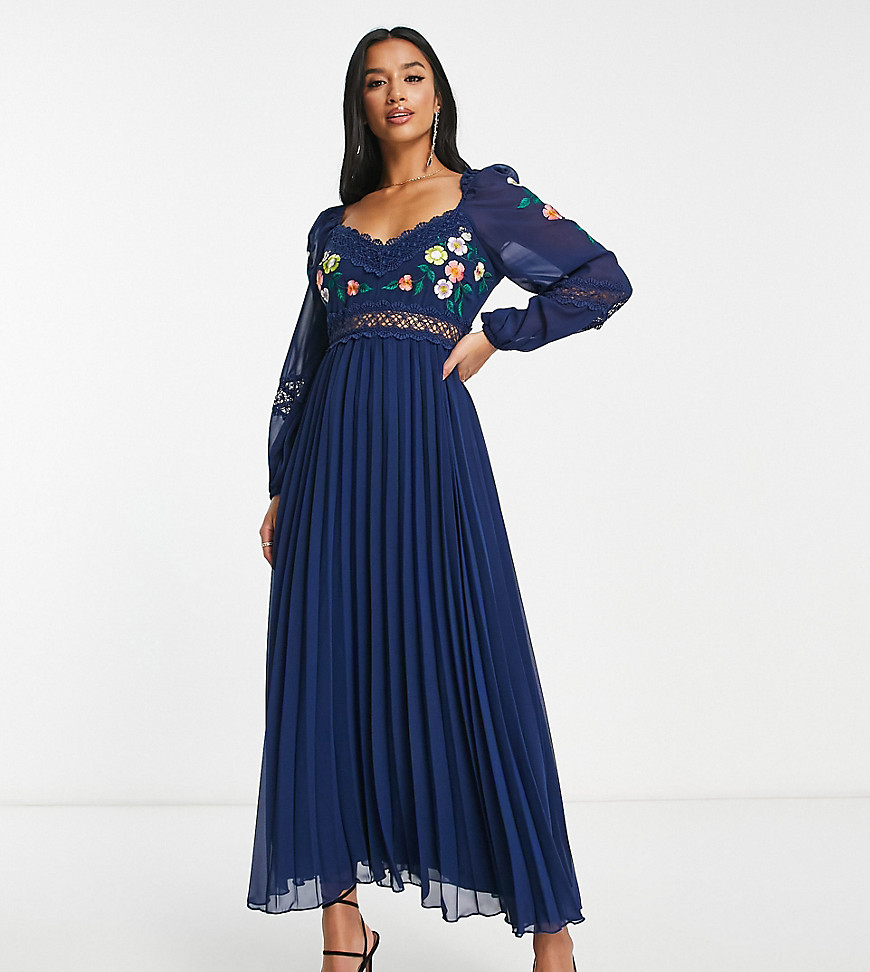 Asos Petite Asos Design Petite Embroidered Lace Insert Pleated Midi Dress With Long Sleeves In Navy