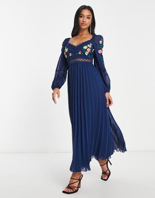 Asos design double layer midi hot sale embroidered dress with long sleeves