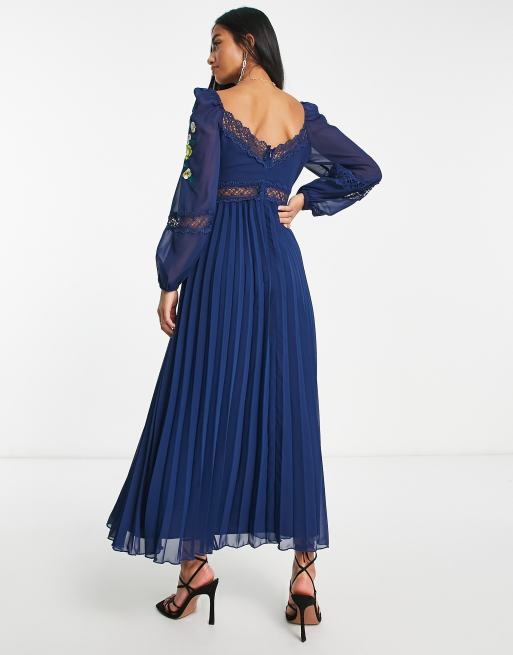 ASOS DESIGN Petite embroidered lace insert pleated midi dress with long sleeves in navy